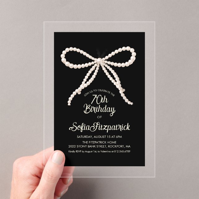 CLEAR ACRYLIC 70th Birthday Black White Pearl Bow Invitations (Insitu (Handheld))