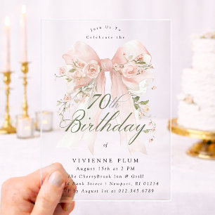 CLEAR ACRYLIC 70th Birthday Pink Bow Rose Floral I Invitations