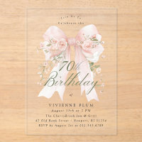 CLEAR ACRYLIC 70th Birthday Pink Bow Rose Floral I