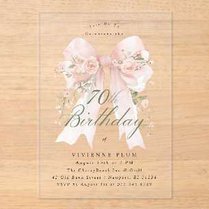 CLEAR ACRYLIC 70th Birthday Pink Bow Rose Floral I Invitations