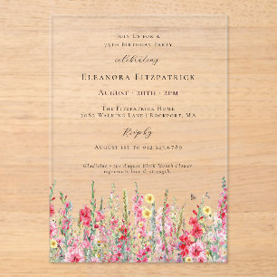 CLEAR ACRYLIC 75th Birthday August Birth Flower Invitations