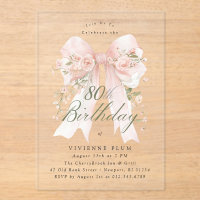 CLEAR ACRYLIC 80th Birthday Pink Bow Rose Floral
