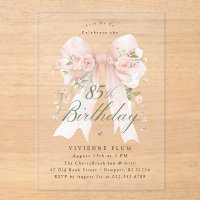 CLEAR ACRYLIC 85th Birthday Pink Bow Rose Floral