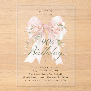 CLEAR ACRYLIC 90th Birthday Pink Bow Rose Floral Invitations