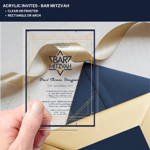 Clear Acrylic BAR MITZVAH Navy Gold Modern Elegant Acrylic Invitations