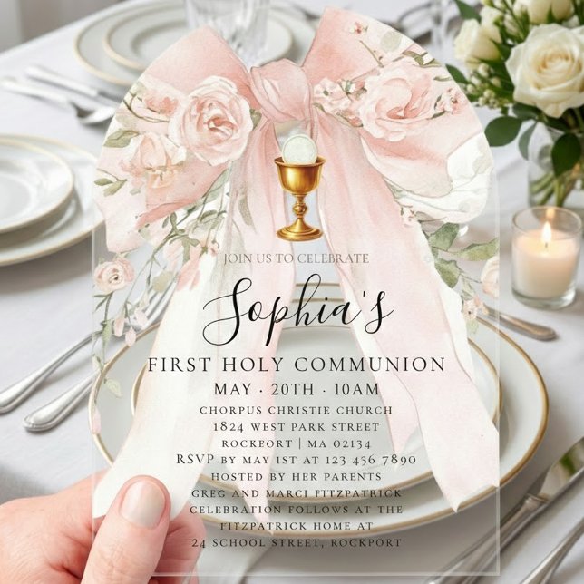 CLEAR ACRYLIC Girl First Holy Communion Pink Bow Invitations (Creator Uploaded)