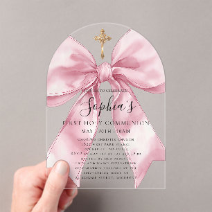 Clear Acrylic Girl's First Communion Pink Bow Arch Invitations