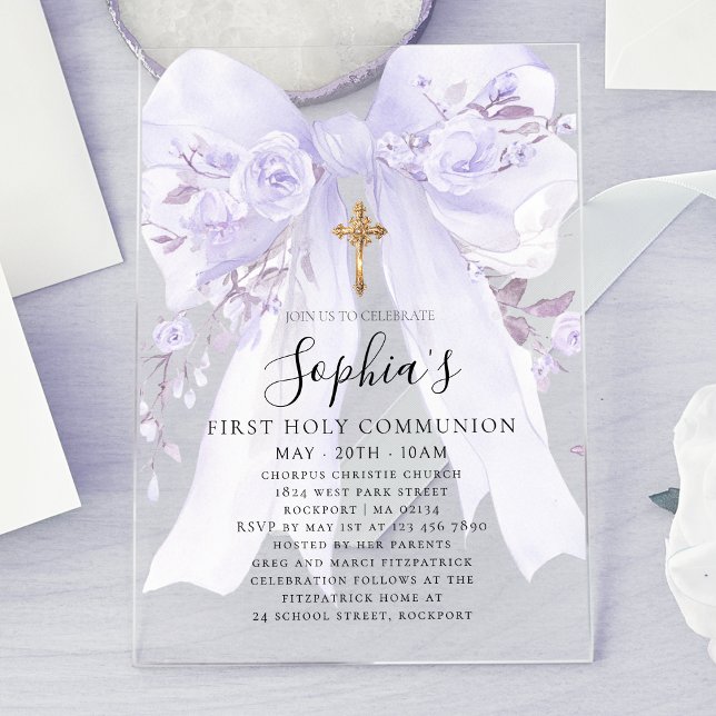 Clear Acrylic Purple Bow Rose First Communion Invitations (Creator Uploaded)