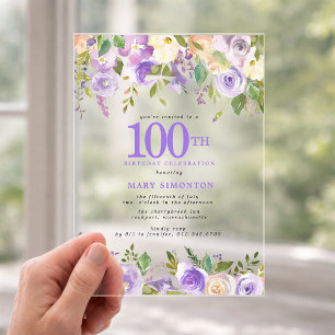 CLEAR ACRYLIC Purple Floral 100th Birthday Party Invitations