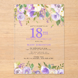 CLEAR ACRYLIC Purple Floral 18th Birthday Party Invitations