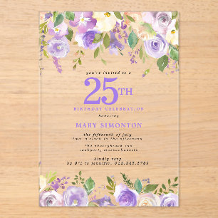 CLEAR ACRYLIC Purple Floral 25th Birthday Party Invitations