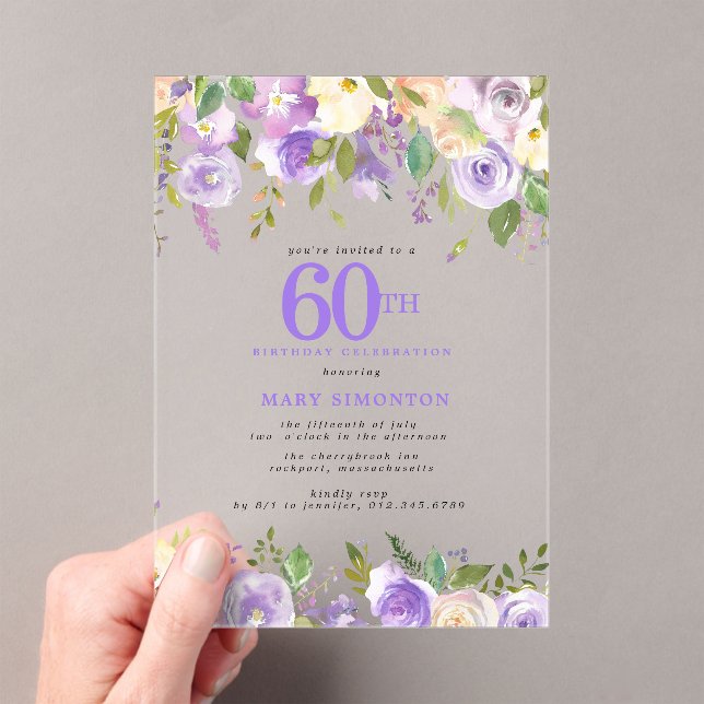 CLEAR ACRYLIC Purple Floral 60th Birthday Party Acrylic Invitations (Insitu (Handheld))