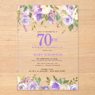 CLEAR ACRYLIC Purple Floral 70th Birthday Party Invitations