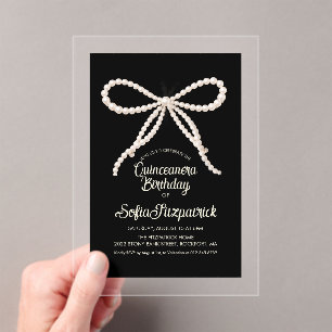 CLEAR ACRYLIC Quinceanera Black White Pearl Bow Invitations