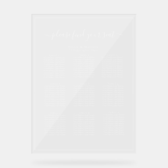Clear Acrylic Seating Chart White Text Wedding (Front)