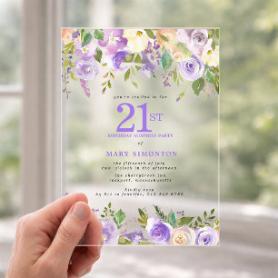 CLEAR ACRYLIC SURPRISE 21st Birthday Purple Floral Invitations