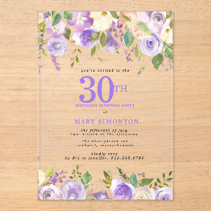CLEAR ACRYLIC SURPRISE 30th Birthday Purple Floral Invitations