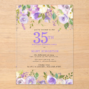 CLEAR ACRYLIC SURPRISE 35th Birthday Purple Floral Invitations