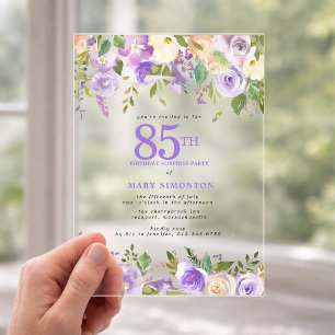 CLEAR ACRYLIC SURPRISE 85th Birthday Purple Floral Invitations