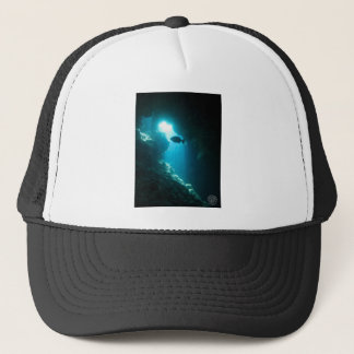 Clear blue cave and fish trucker hat
