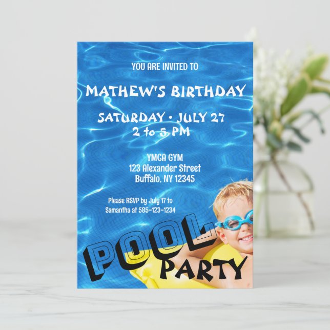 Clear Blue Pool Water Birthday Party Invitation (Standing Front)