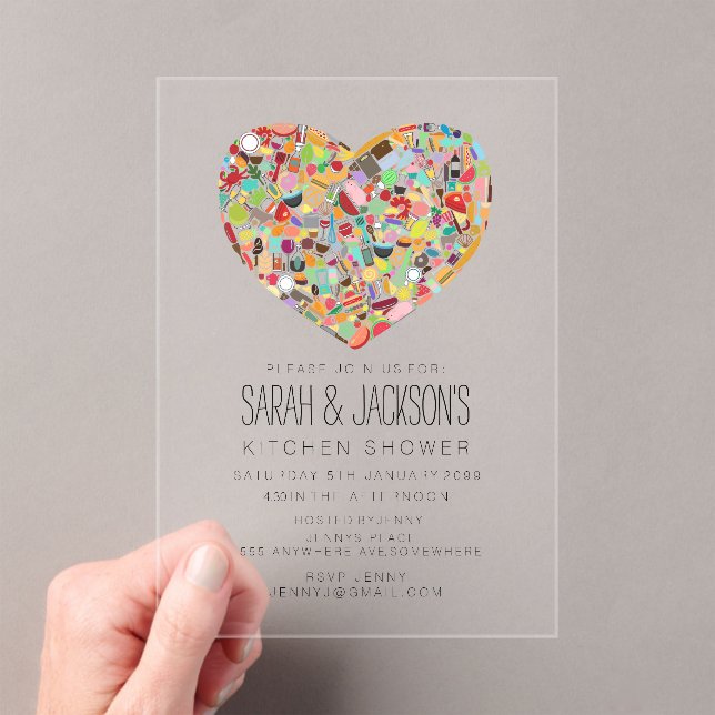 CLEAR Food Heart Kitchen Tea Bridal Shower Party Acrylic Invitations (Insitu (Handheld))