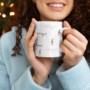 clear name typography + music treble clefs coffee mug