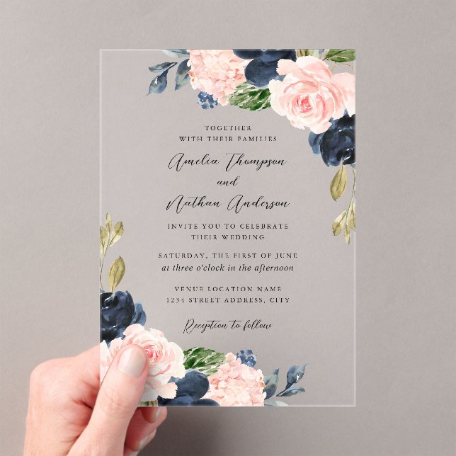 Clear Navy Pink Rustic Botanical Florals Wedding Acrylic Invitations (Insitu (Handheld))