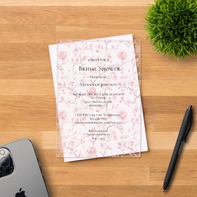 Clear Pretty Pink Roses Floral Bridal Shower Acrylic Invitations (Insitu (Invitation Card))