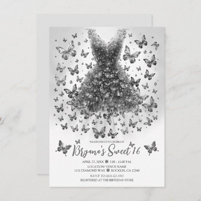 Clear Quartz Butterfly Dress April Birthstone Invitation (Front/Back)