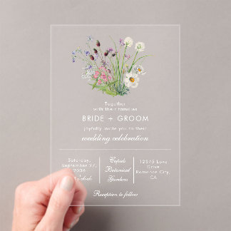 Clear Transparent Modern Wildflower Wedding Acrylic Invitations