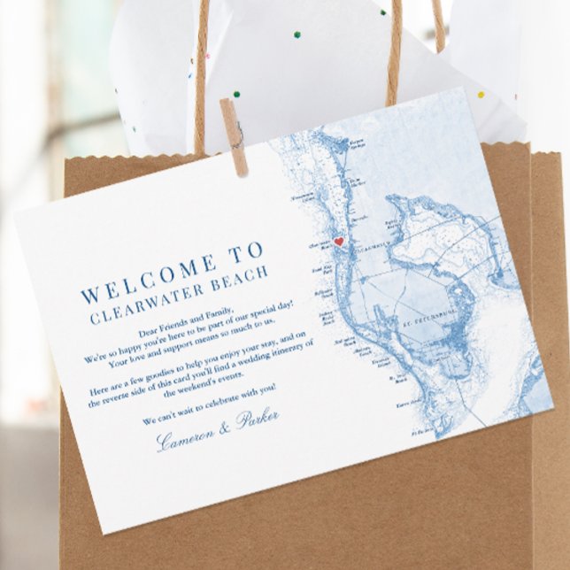 Clearwater Beach FL Blue Wedding Welcome Itinerary Thank You Card (Clearwater Beach FL Wedding Welcome letter and Schedule Itinerary in elegant navy blue )