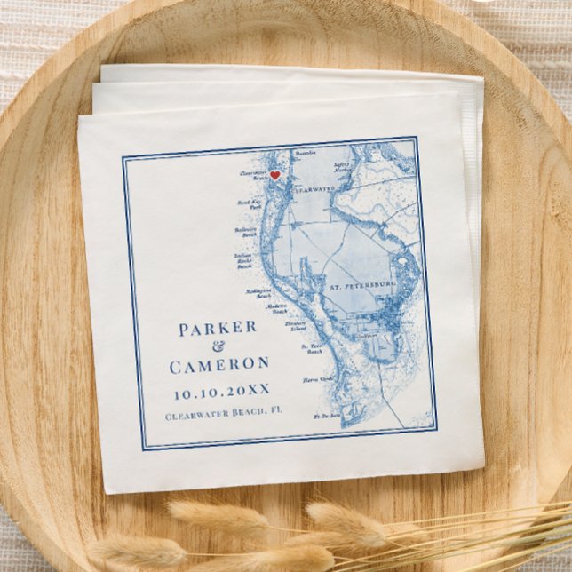 Clearwater Beach FL Map Elegant Navy Blue Wedding Napkin (Clearwater Beach FL Wedding Cocktail Napkins in Elegant navy blue from Coastal Map Designs)