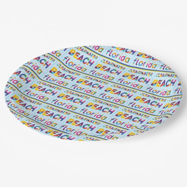 Clearwater Beach, Florida. Colourful Text Pattern  Paper Plate (Angled)
