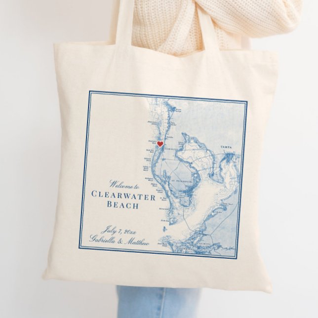 Clearwater Beach Florida Map Wedding Welcome Tote Bag (These Clearwater Beach Florida wedding tote bags are perfect for your Florida destination wedding)