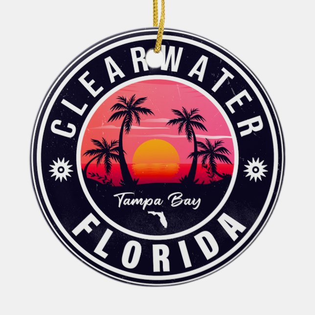 Clearwater Beach Florida Retro Sunset Souvenirs Ceramic Ornament (Front)