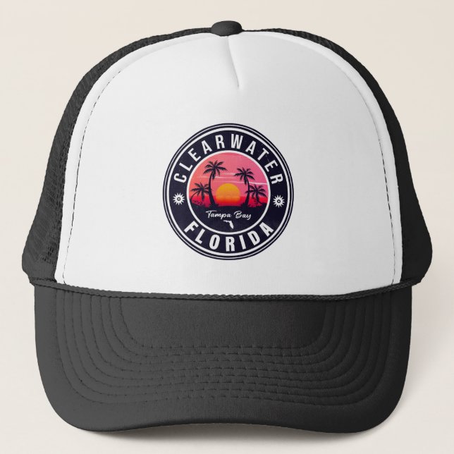 Clearwater Beach Florida Retro Sunset Souvenirs Trucker Hat (Front)