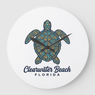 Clearwater Beach Florida Sea Turtle Vector Design_ Large Clock