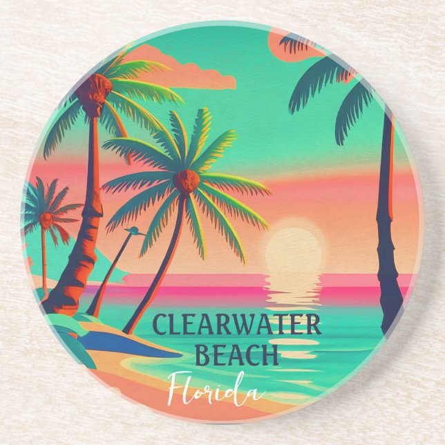 Clearwater Beach Florida Tropical Palm Tree 1950s Coaster (Front)