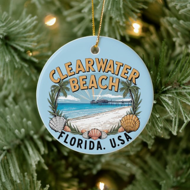 Clearwater Beach Retro Vignette Ceramic Ornament (Tree)