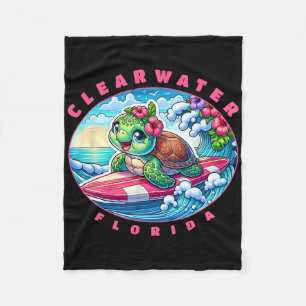 Clearwater Florida Cute Surfing Girl Sea Turtle Fleece Blanket