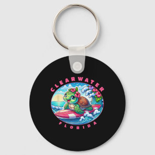 Clearwater Florida Cute Surfing Girl Sea Turtle Key Ring