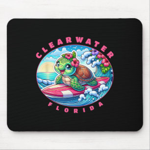 Clearwater Florida Cute Surfing Girl Sea Turtle Mouse Pad