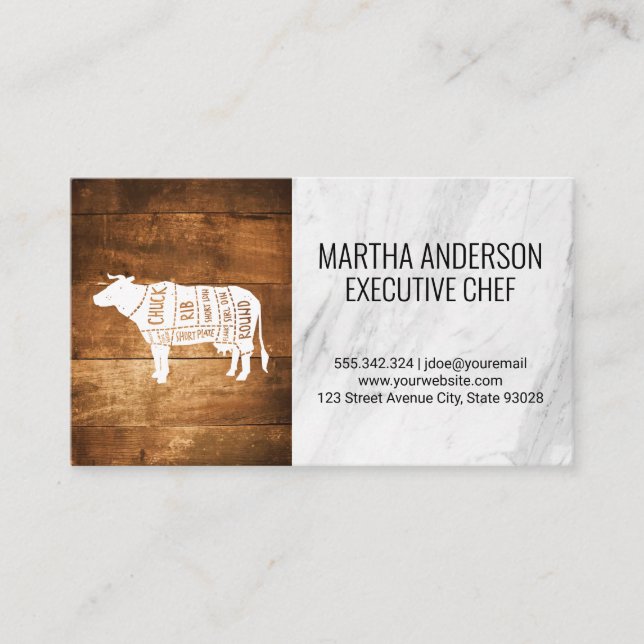 Cleaver | Wood Marble Beef Diagram Business Card (Front)