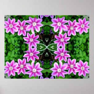 Clematis and Oregano, pink flowers green botanical Poster