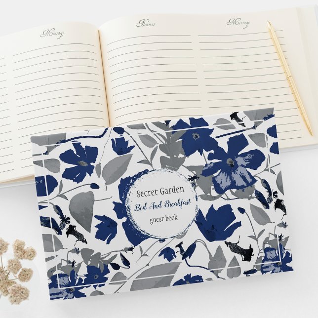 Clematis Elegant Blue Vacation Rental Property Guest Book (Clematis Vine Elegant Blue Gray Flowers customizable guest book from Studio Posies. )