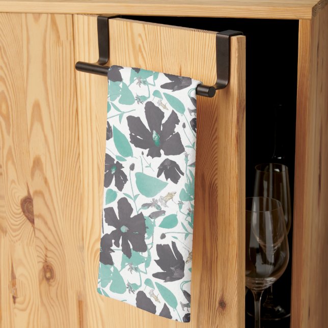 Clematis Floral Mint Chocolate Pattern Tea Towel (Thirds Fold)
