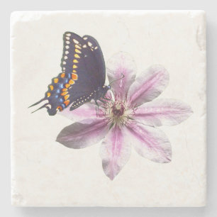 Clematis flower and black swallowtail butterfly stone coaster