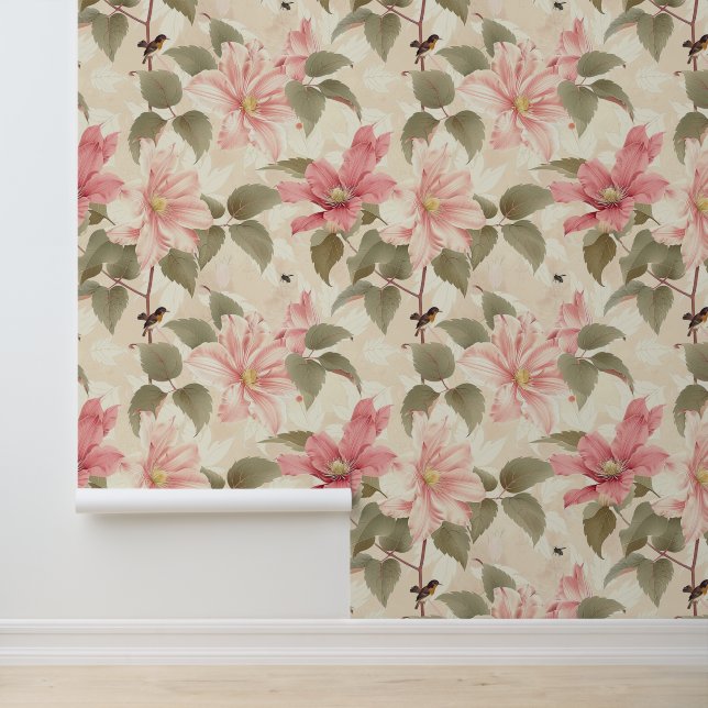 Clematis flower blossom liana with birds & bees wallpaper (Application)