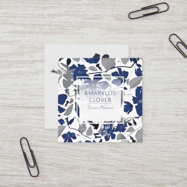 Clematis Flowering Blue Grey Vine Square Business Card (Clematis Vine Elegant Blue Gray Flowers square business cards from Studio Posies. )